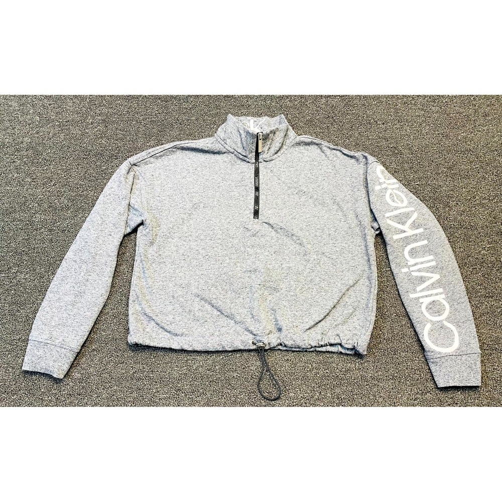 Calvin Klein 1/4 Zip Crop Sweatshirt Womens S Heather Gray Cinch Drawstring Hem